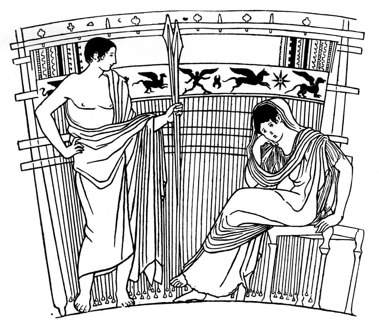 佩内洛普（Penelope）织布机，出自Chuisi花瓶，伊特鲁里亚（Etruscan），约公元前1930年 作者 不明