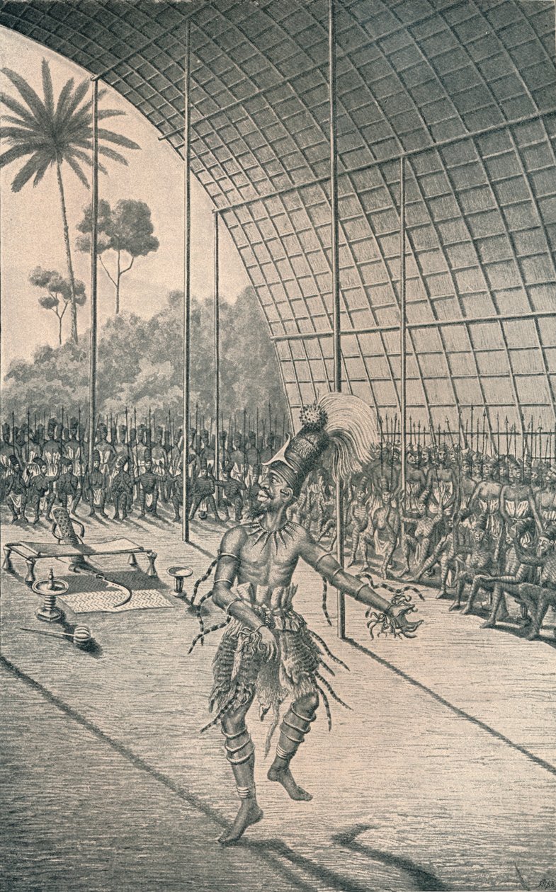 芒巴图国王蒙萨（Mangsa）国王在妻子和战士面前跳舞，c1870，1903年 作者 不明