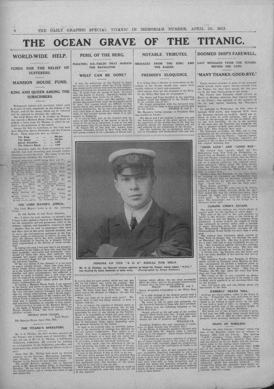 泰坦尼克号的海洋坟墓和杰克·菲利普斯（Jack Phillips）的照片，摄于1912年4月20日。 作者 不明