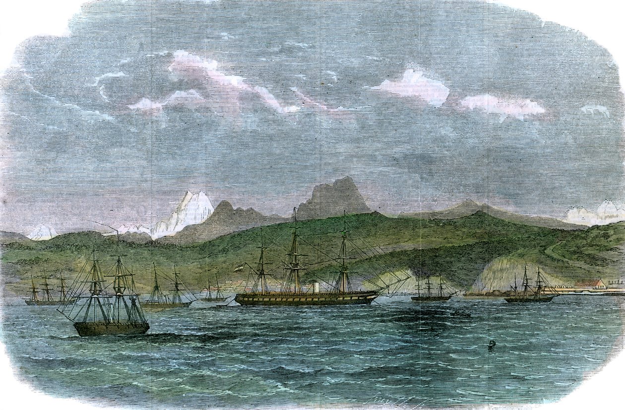 智利瓦尔帕莱索的西班牙封锁中队，大约于1880年 作者 不明