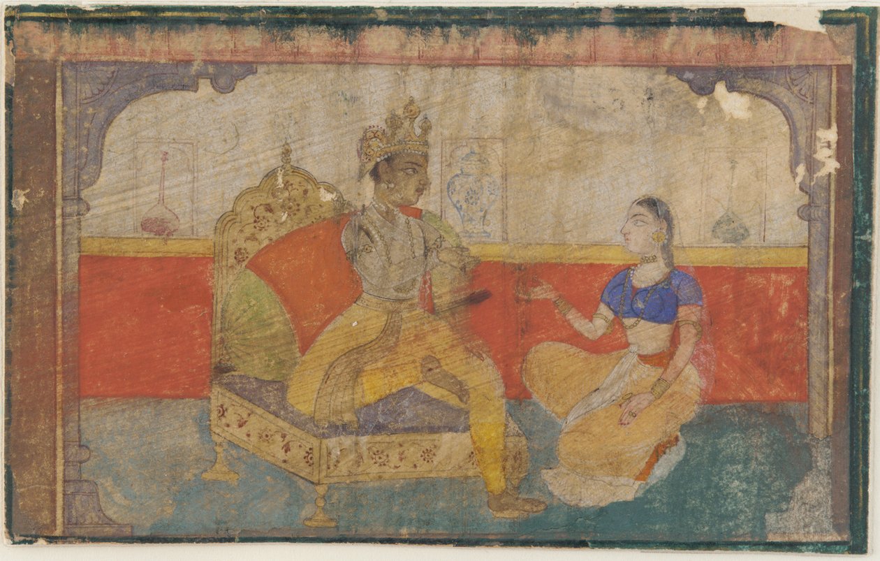 恋人Krsna与爱人的信使对话，出自Rasikapriya，约1617年。 作者 不明