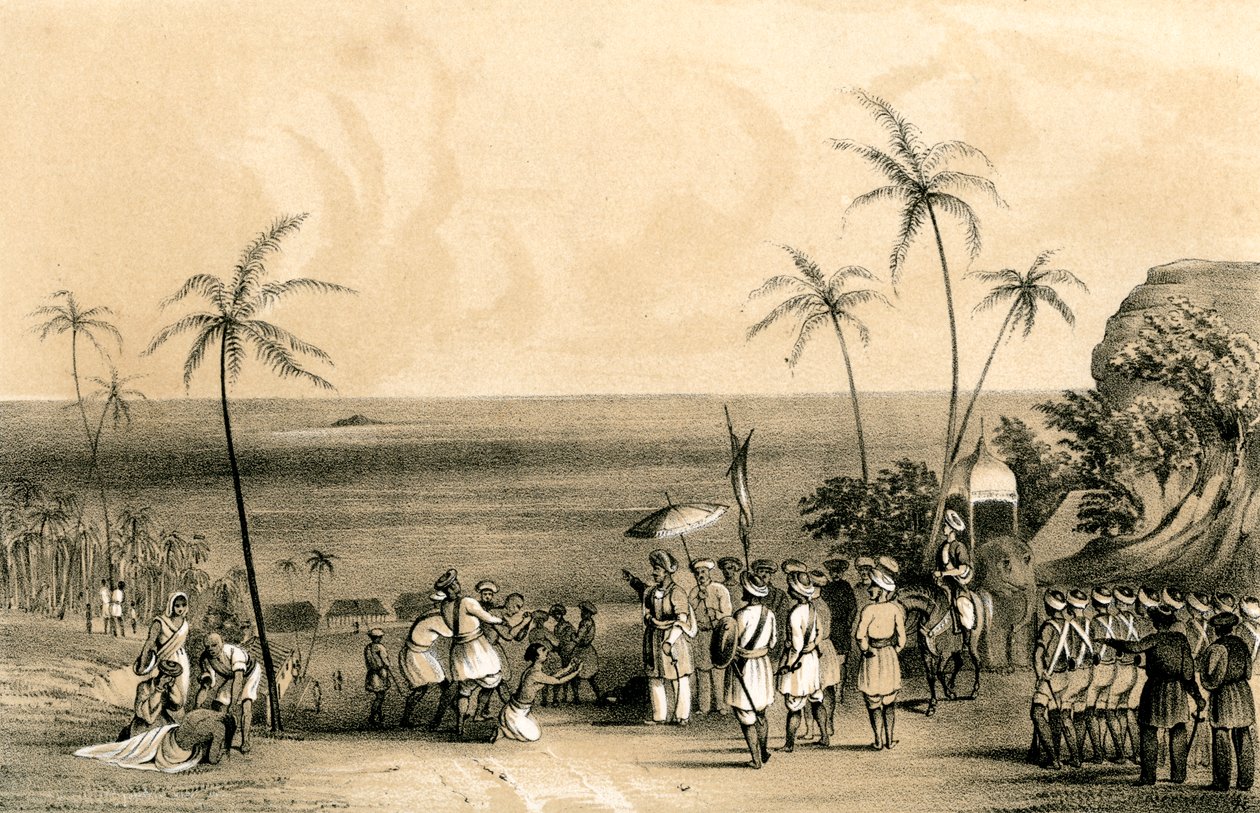卡利卡特（Calcut）的商人在1847年蒂波奥·塞布（Tippoo Saib）的命令下没收并拴在一块贫瘠的岩石上 作者 不明