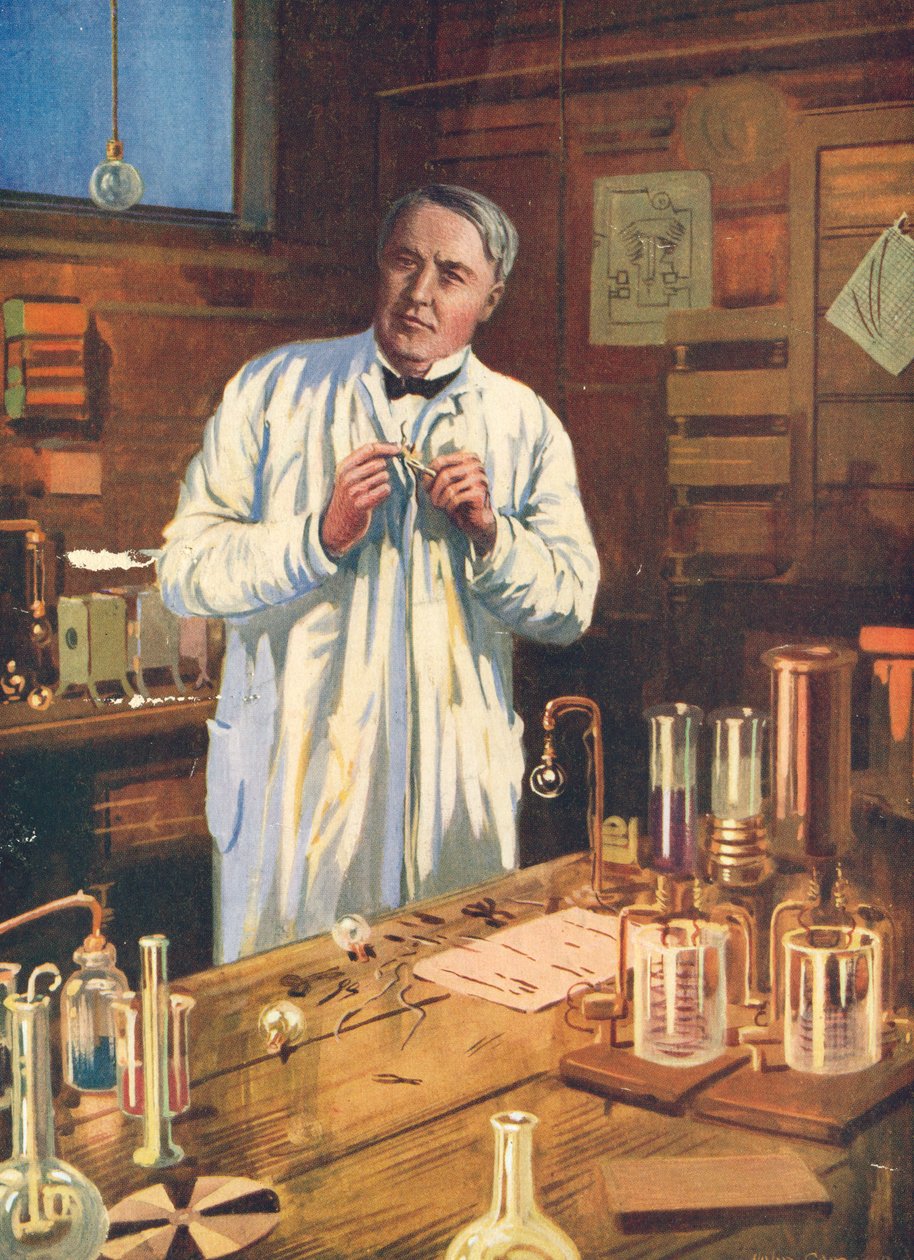 美国发明家托马斯·爱迪生（Thomas Edison）在他的实验室里，美国新泽西州门洛帕克，1870年代至1920年代 作者 不明