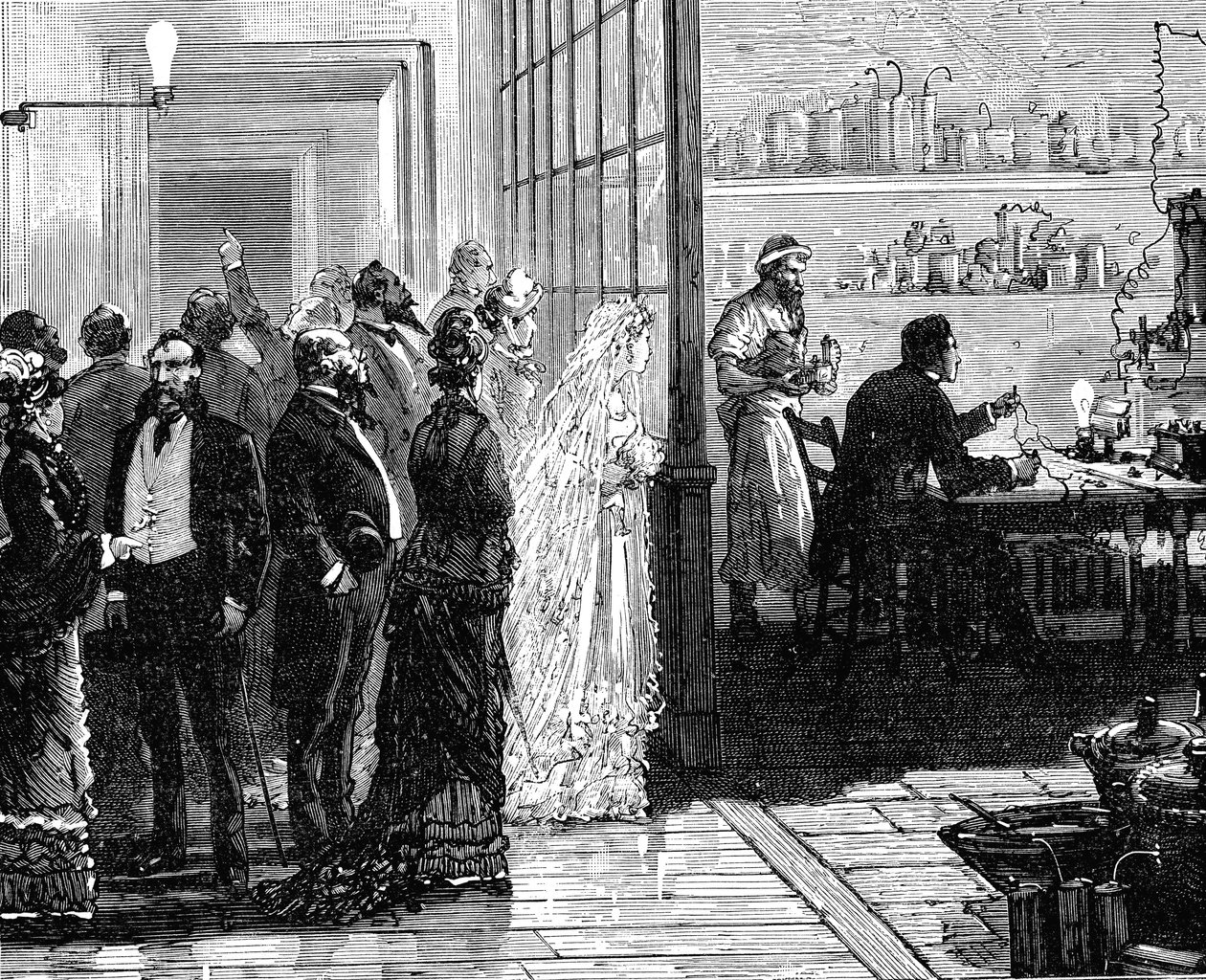 托马斯·爱迪生（Thomas Edison）在他的结婚那天试验电灯，1871年1883年 作者 不明
