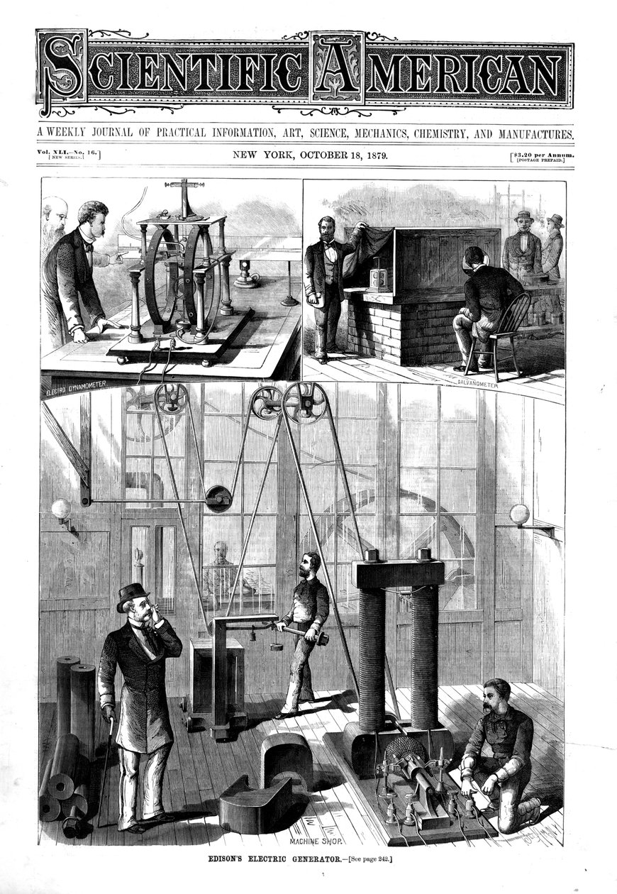 托马斯·爱迪生（Thomas Edisons）1879年在美国新泽西州门罗帕克（Menlo Park）家里的电灯发生器 作者 不明