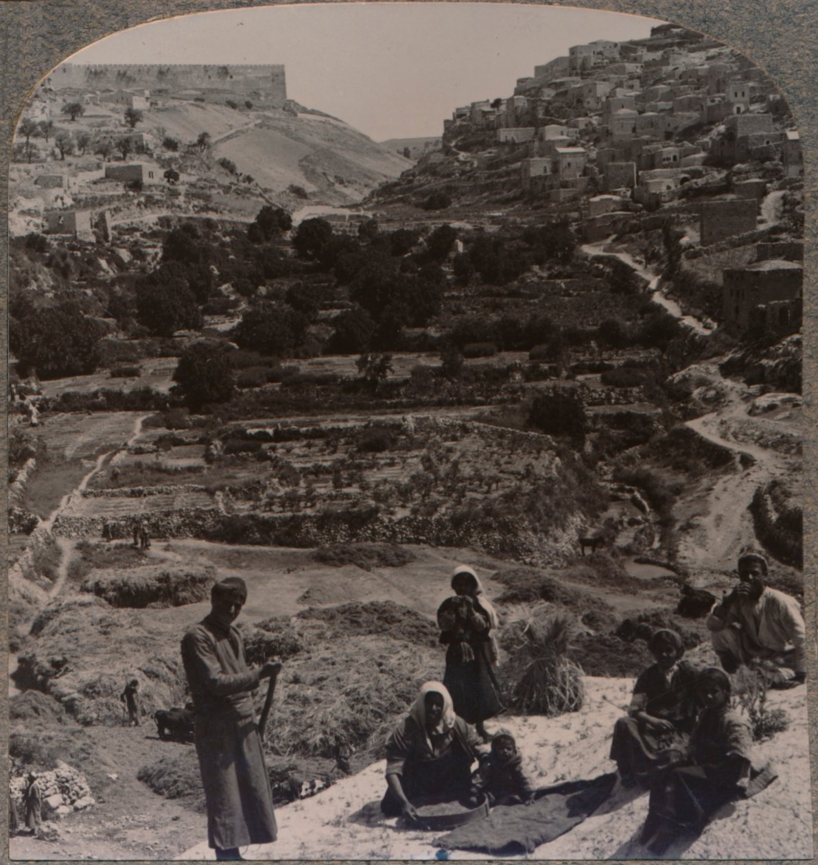 在屋顶上脱粒，俯瞰基德隆山谷，c1900 作者 不明