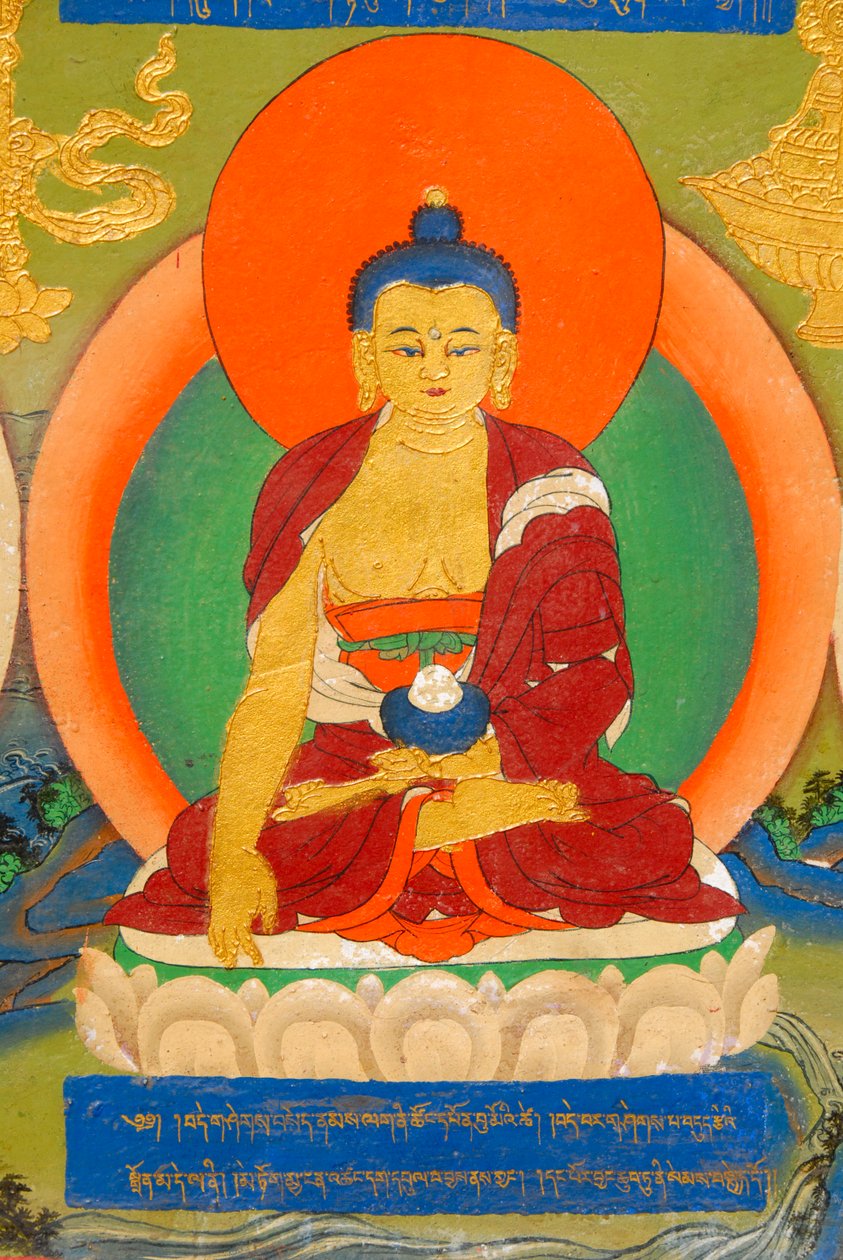 藏传佛教； 彩色壁画描绘了冥想中的佛陀； 普密斯帕沙手印； Bhumisparshamudra 召唤大地母亲； 班禅喇嘛宫； 扎什伦布寺； 日喀则； 喜马拉雅山; 西藏自治区； 中华人民共和国; 阿西 作者 不明
