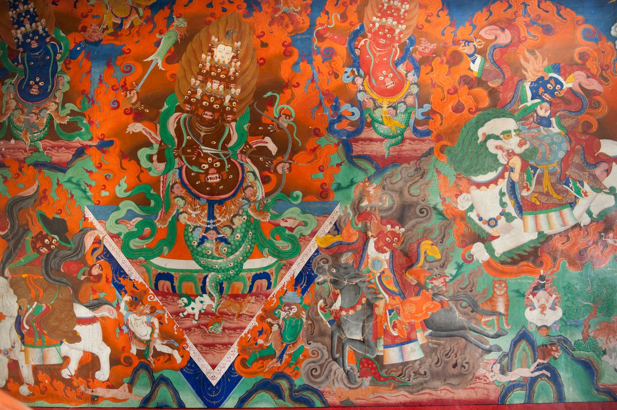 藏传佛教； 大会堂的旧壁画； 用弓箭战斗的恶魔； Trakthok Gompa 寺； Leh 附近的 Sakti； 拉达克区； 查谟和克什米尔； 印度; 南亚; 亚洲 作者 不明