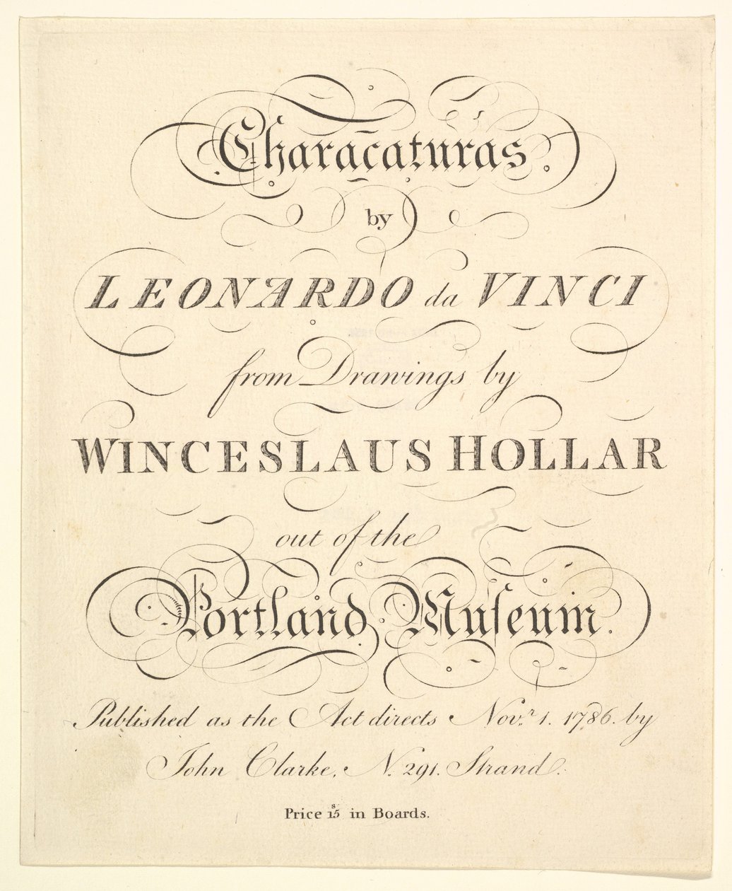 书名页：莱昂纳多·达·芬奇的性格，来自Wincelslaus Hollar的绘画，出自……，1786年。 作者 不明
