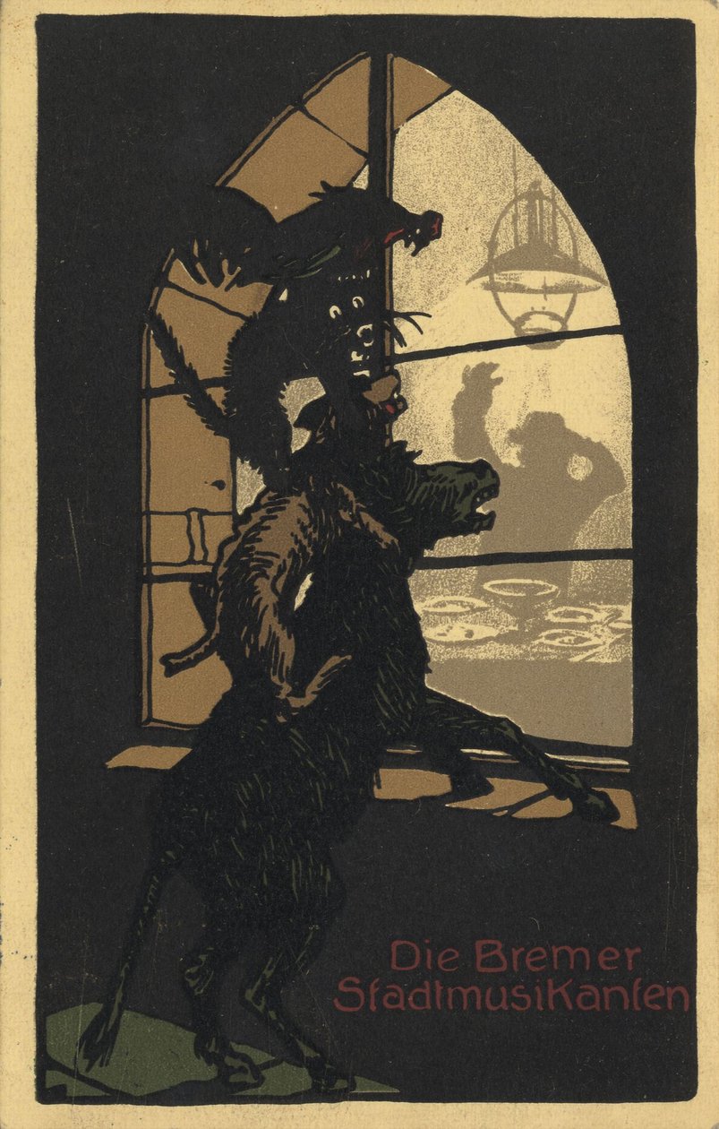 格林兄弟（Brothers Grimm）的《不来梅镇音乐家》一书的标题设计，1910年代 作者 不明
