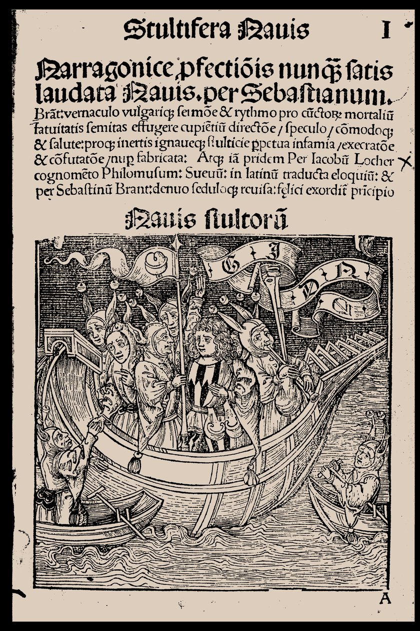 塞巴斯蒂安·布兰特（Sebastian Brant）的《愚人船》（Ship of Fools）的标题页，1497年。 作者 不明