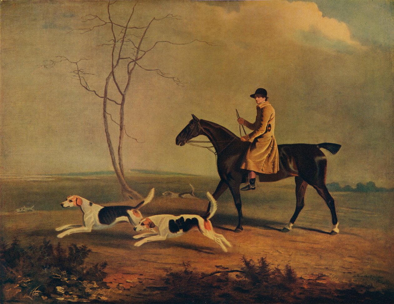 伯克利猎犬的猎人汤姆·奥尔德克（Tom Oldaker），在咸菜上，带着猎犬，1800年，1929年 作者 不明