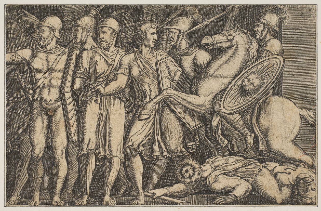 图拉真（Trajan）与达契亚人（Dacians）作战，图拉真（Trajan）在马背上朝着一群人骑马... 1515-1600。 作者 不明