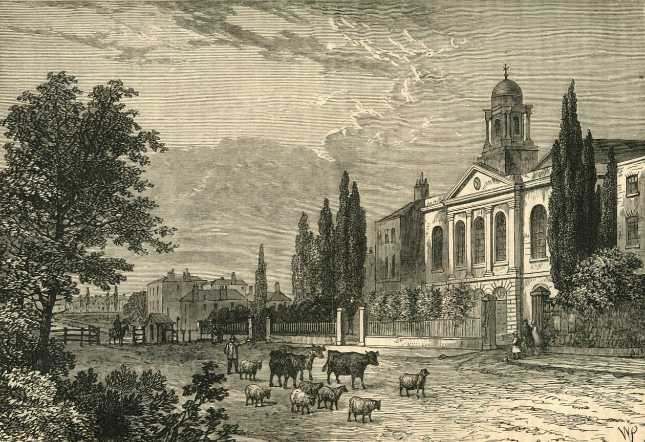 1820年，在汉普斯特德路（Hampstead Road）和圣詹姆士教堂（St. Jamess Church）的收费公路（Turnpike），c1876年。 作者 不明