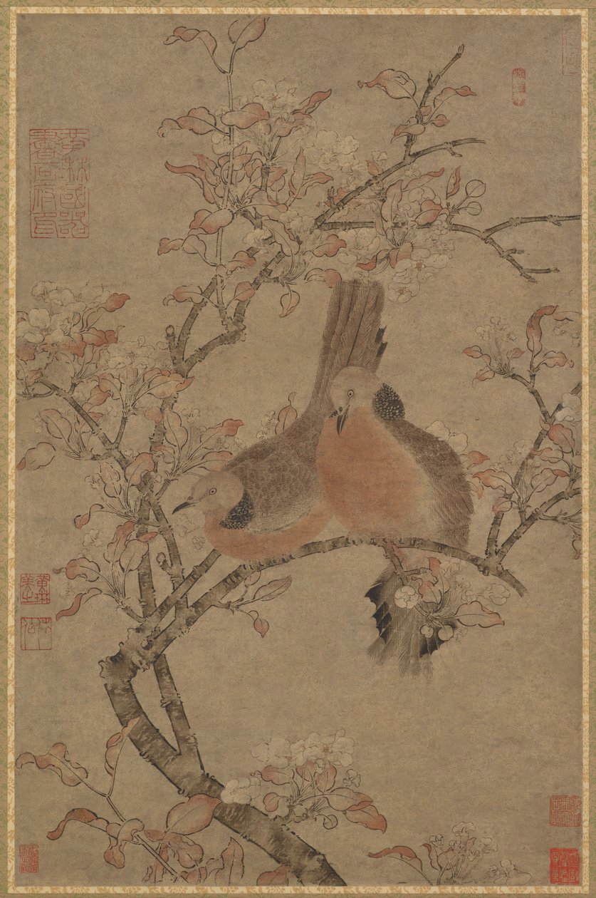花枝上的两只鸽子，14-15世纪。 作者 不明