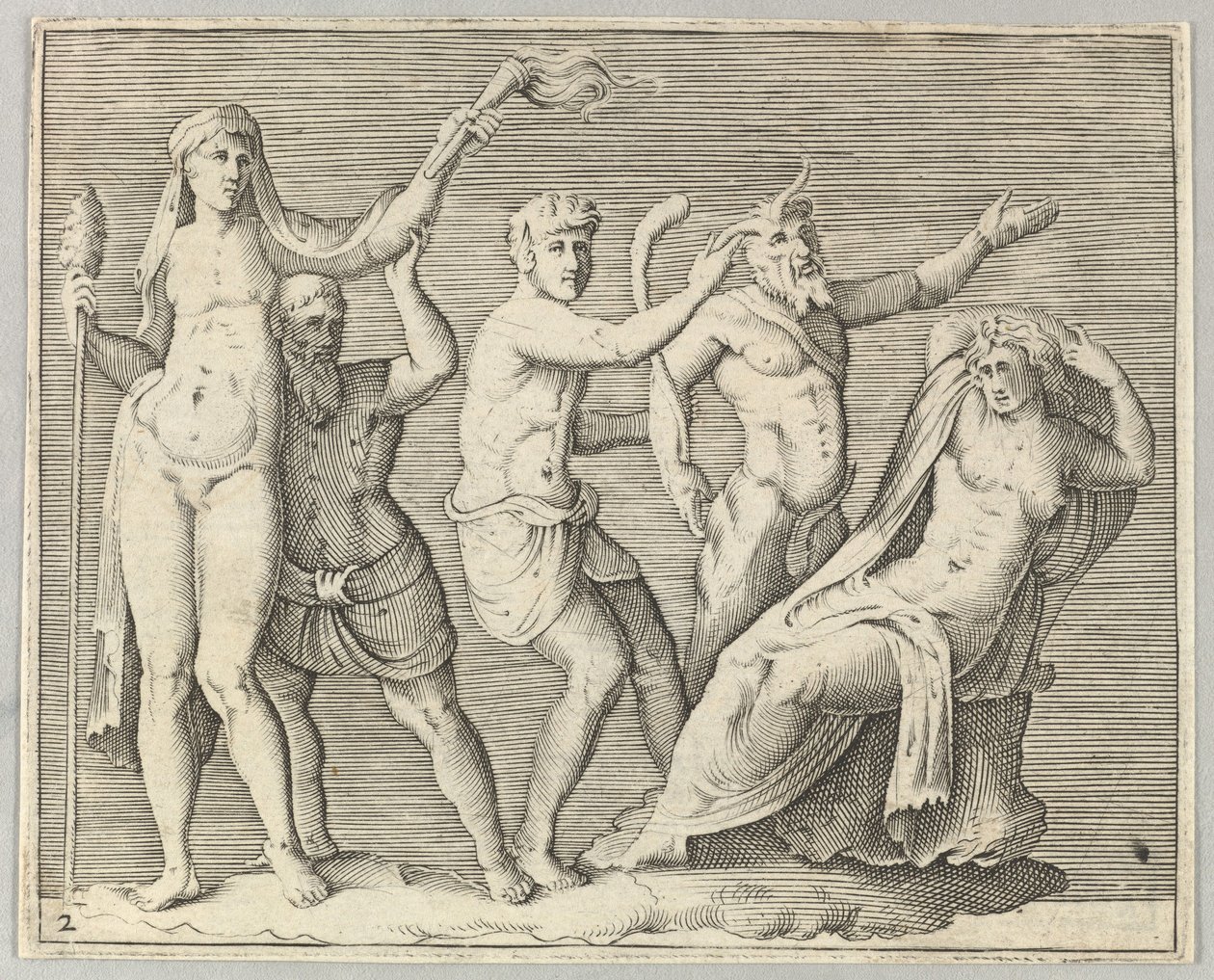 两位人物，《福恩》（Faun）和《色情狂者》（Satyr）接近《躺着的女人》（Recliniing Woman）。 1599-1622。 作者 不明