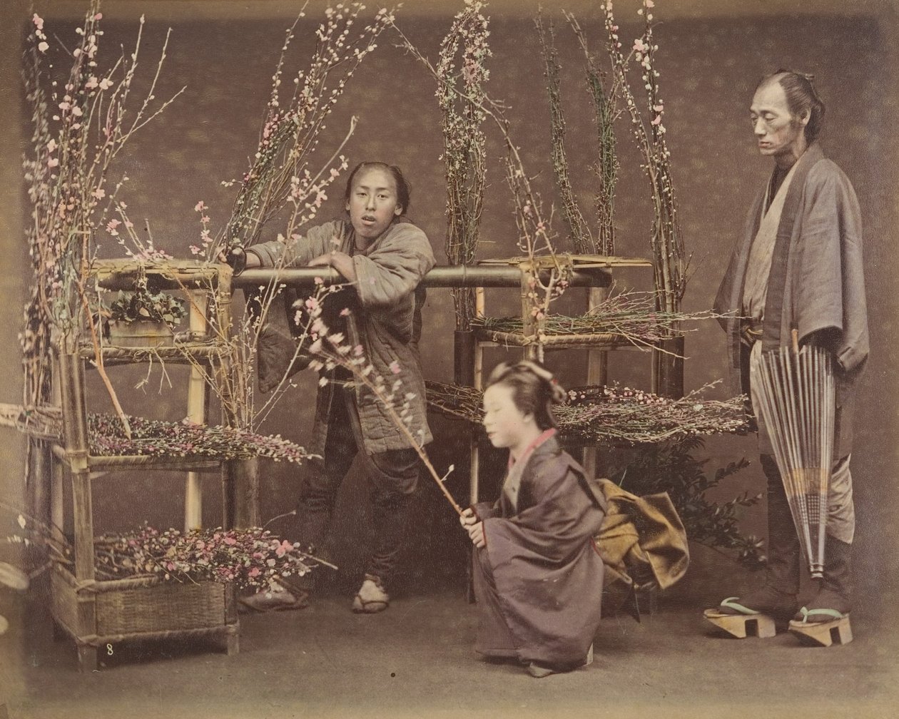 [两个日本男人和一个日本女人在花枝上合影]，1870年代、 作者 不明