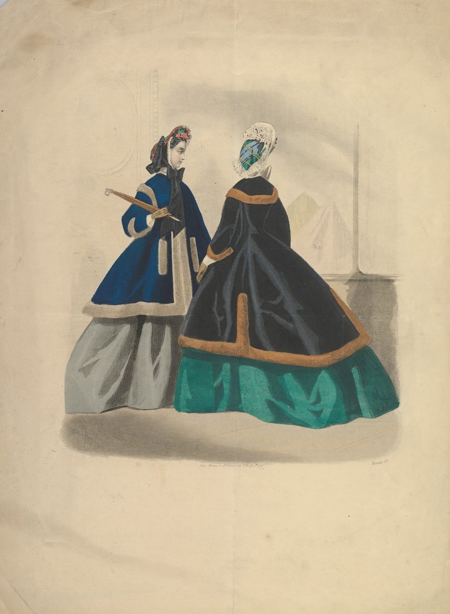 两名穿着大衣的妇女，1863-64年。 作者 不明