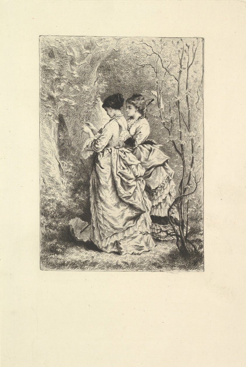 两位年轻的女士在花园里，1873-74年。 作者 不明