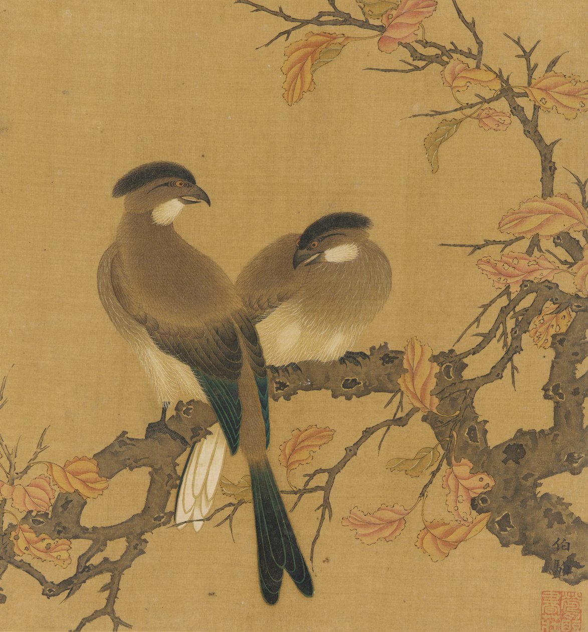枝头的两只凤头鸟，秋叶，清代，18世纪。 作者 不明