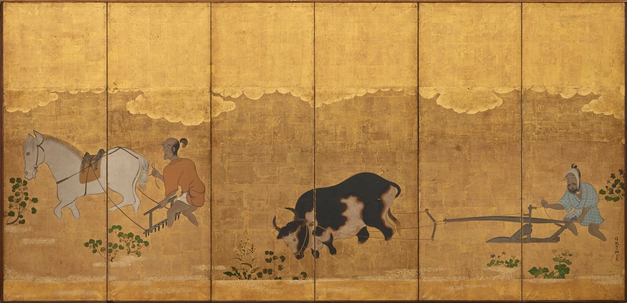 两位农民在稻田中耕作和耙地，江户时期，1615-1868年。 作者 不明