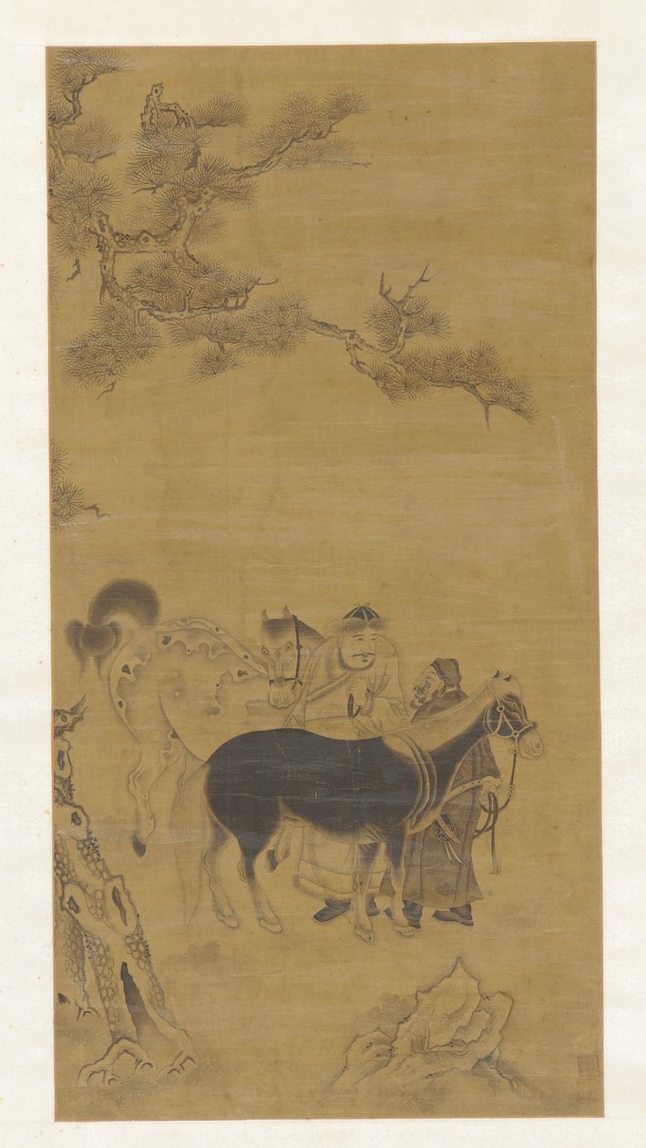 松树下的两个人和两匹马，清朝，18世纪。 作者 不明