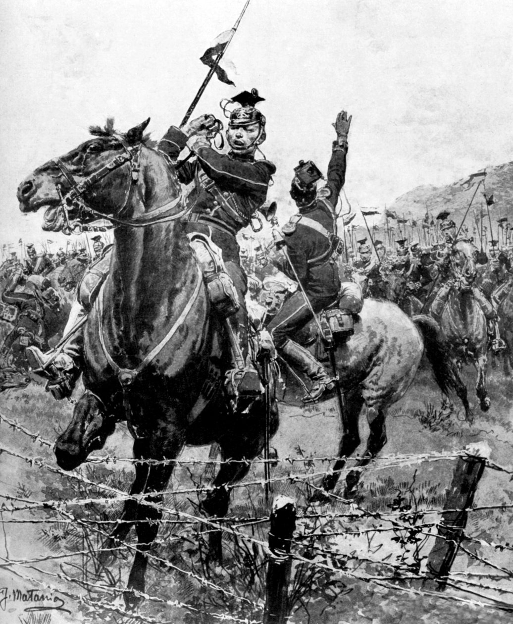 第一次世界大战，1914年在比利时列日附近用铁丝网检查的乌兰人 作者 不明