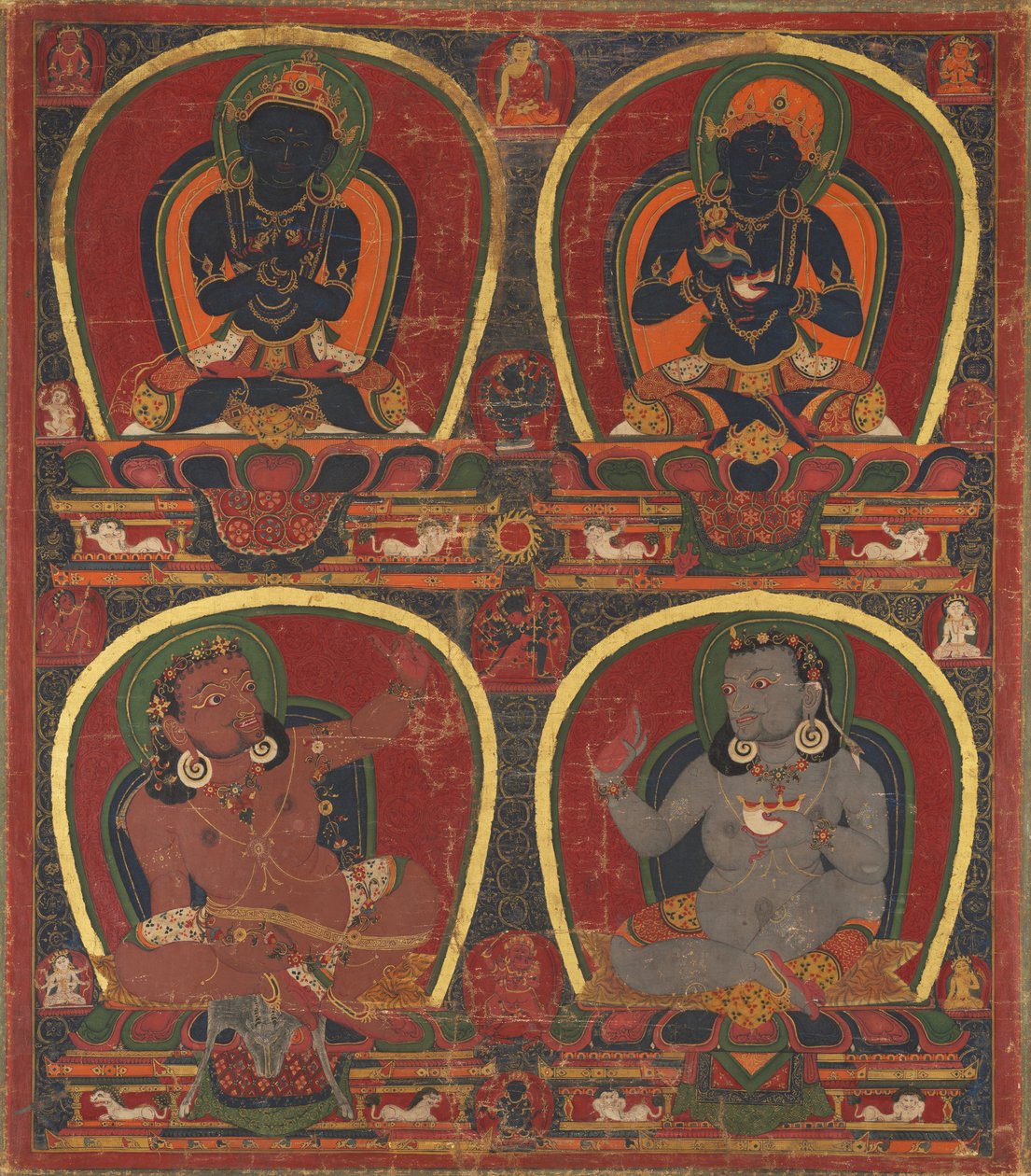 Vajradhara，Nairatmya和Mahasiddhas Virupa和Kanha，c。 1450。 作者 不明