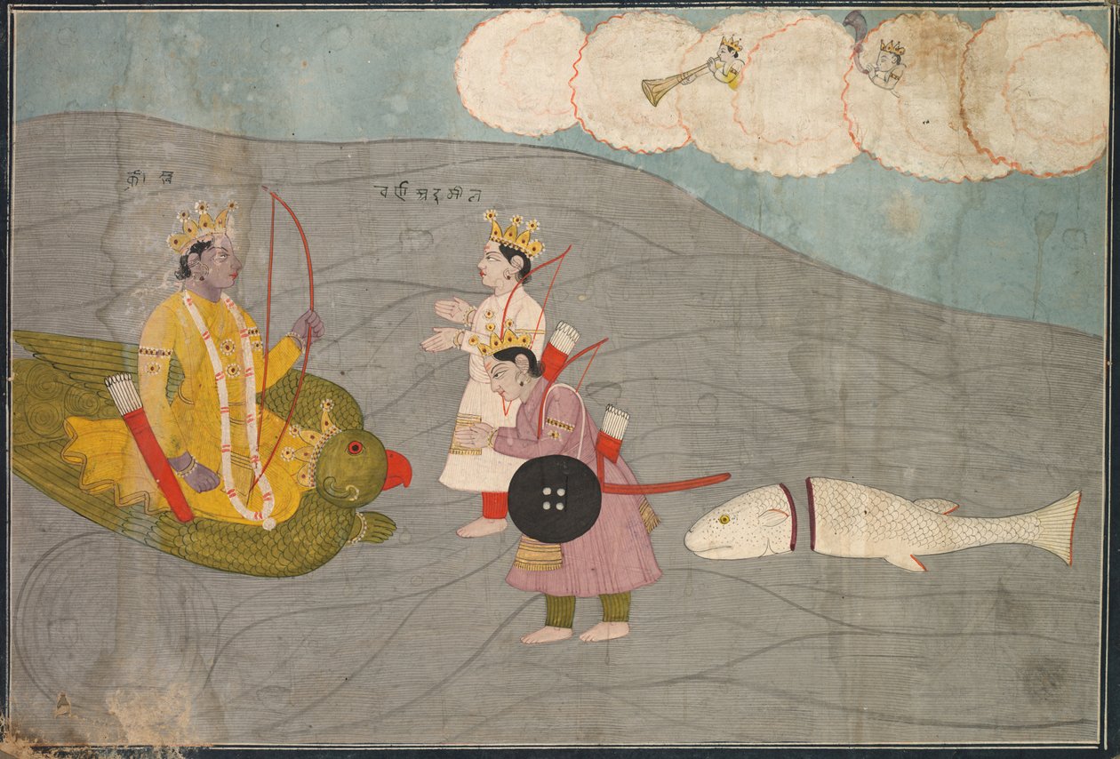 Vanasuras Sons提交给克里希纳：克里希纳·里拉（Krishna Lila）阿尼鲁达（Aniruddha Usha）节的场景，c。 1840年。 作者 不明