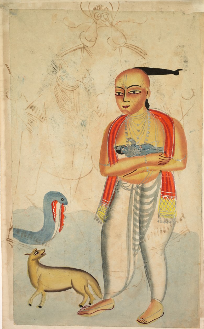 Vasudeva Krishnas父亲与Krishna逃亡，遭遇了1800年代的眼镜蛇和and狼。 作者 不明
