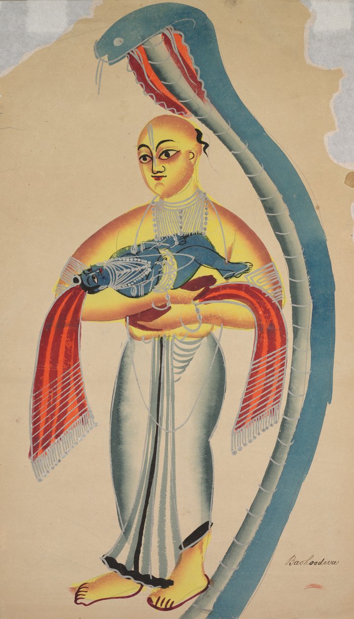 Vasudeva Krishnas父亲与婴儿Krishna一起逃亡，遭遇了1800年代的眼镜蛇。 作者 不明