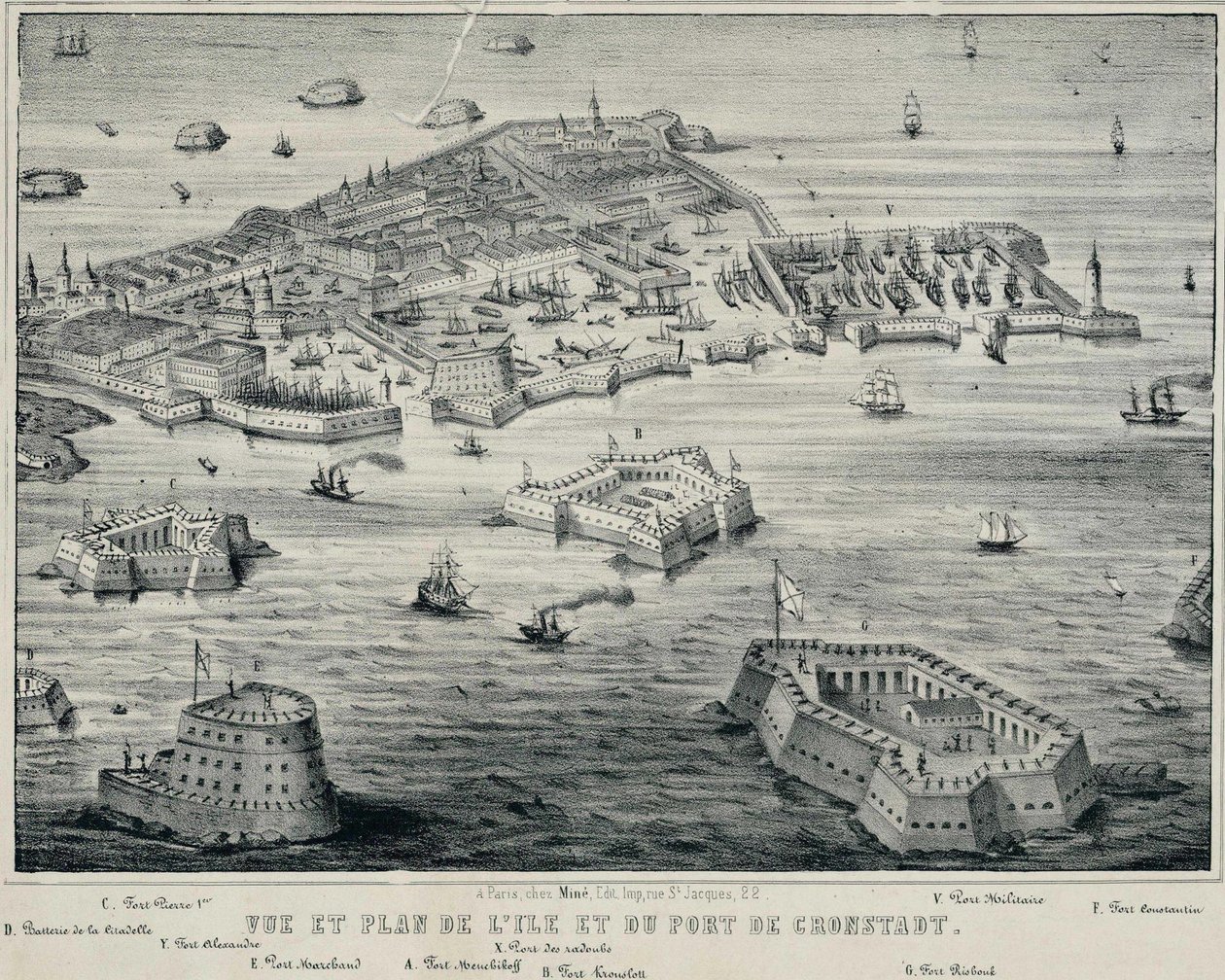 岛屿和克朗施塔特港口的视图和计划，c。 1850年 作者 不明