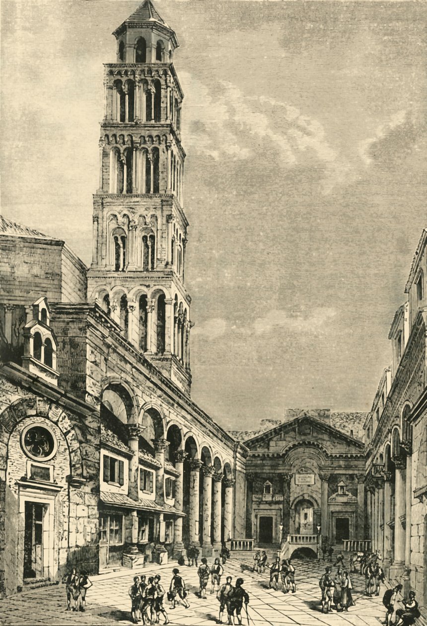 在Spalatro中查看，展示了戴克里先宫的钟楼和Peristyle，1890年。 作者 不明