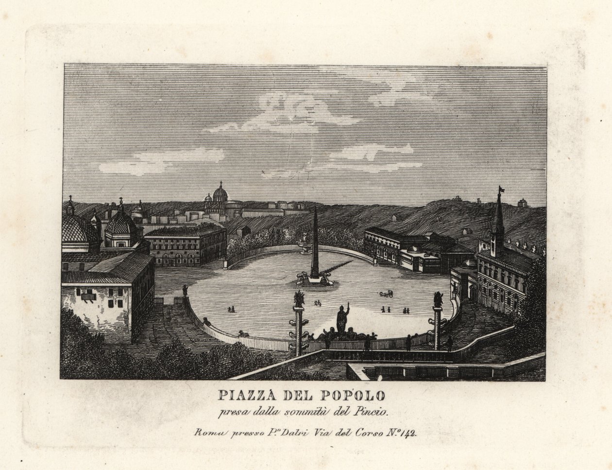 从罗马 Pincian 山顶的赫利奥波利斯 (Heliopolis) 可欣赏人民广场 (Place du Peuple) 人民广场 (Piazza del Popolo) 和埃及拉美西斯二世 (Rameses II) 方尖碑的景色 作者 不明