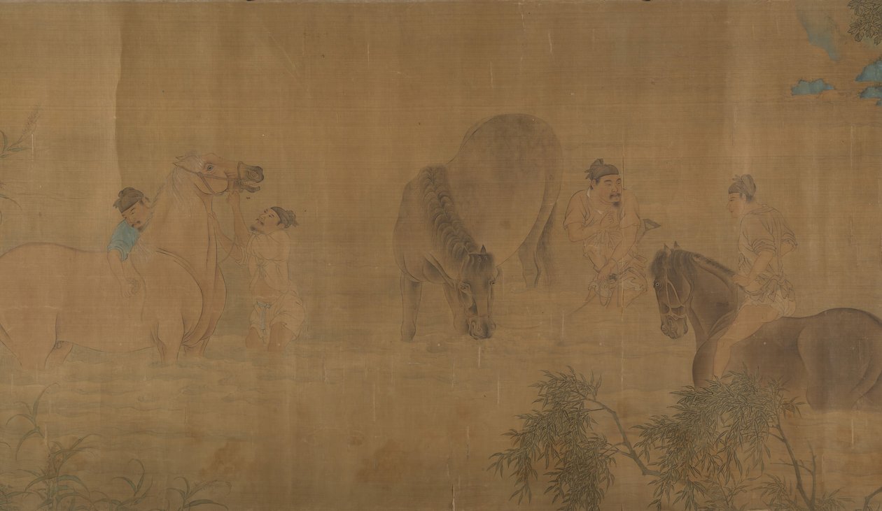 在河里洗马，日期为1309年。 作者 不明