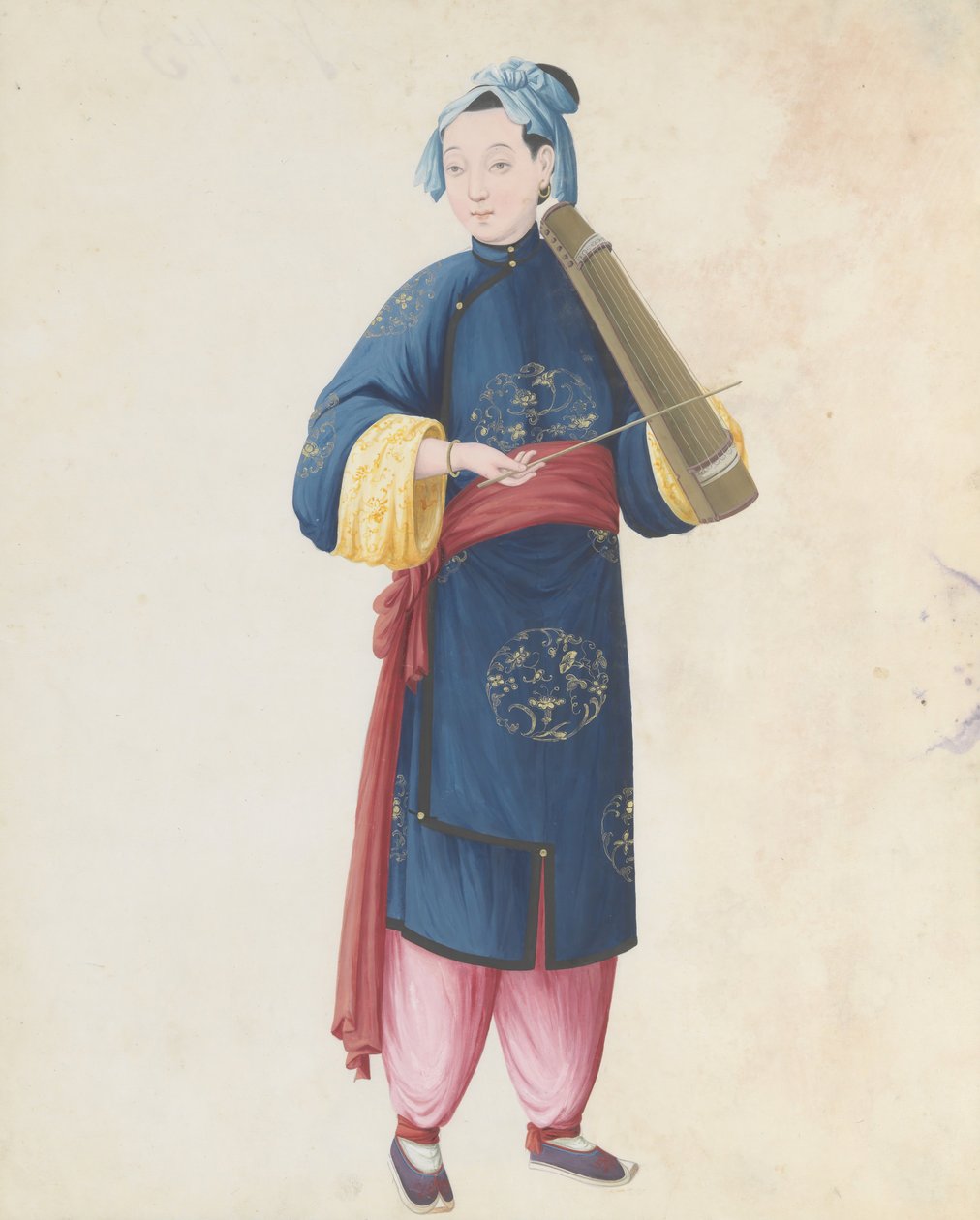 乐师弹奏弓琴的水彩画，18世纪末。 作者 不明