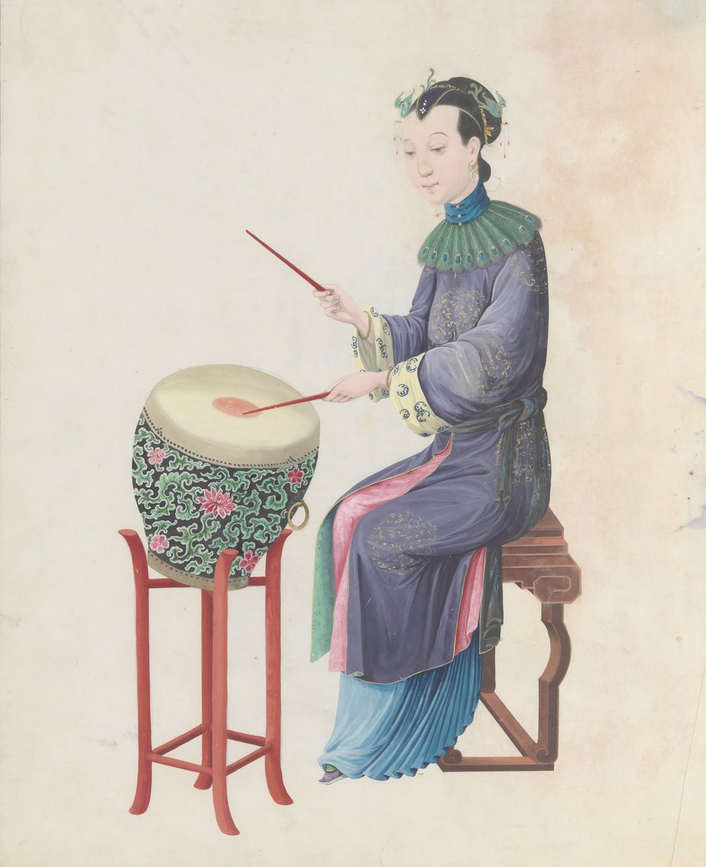 音乐家打鼓的水彩画，18世纪末。 作者 不明