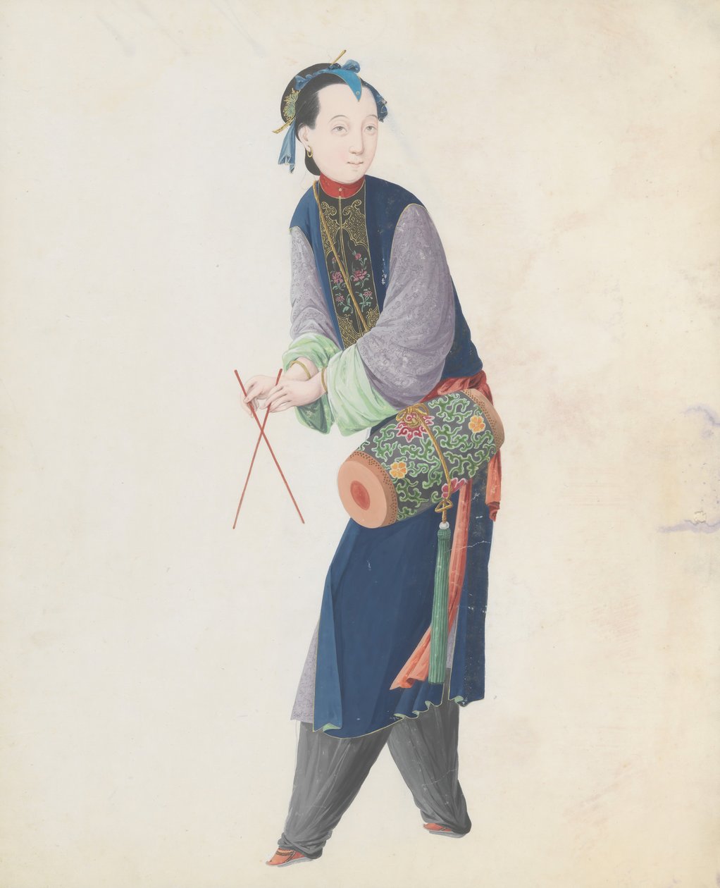 音乐家打鼓的水彩画，18世纪末。 作者 不明
