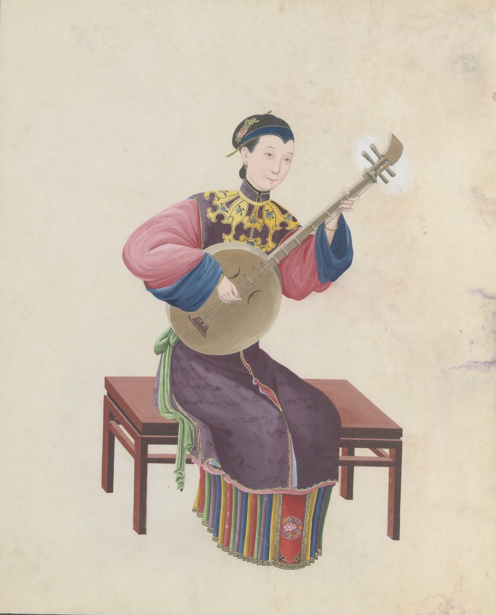 音乐家演奏阮的水彩画，18世纪末。 作者 不明