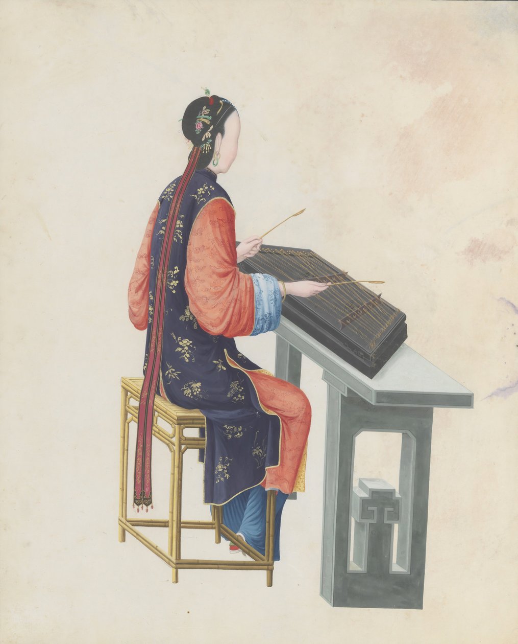 乐师弹奏扬琴的水彩画，18世纪末。 作者 不明
