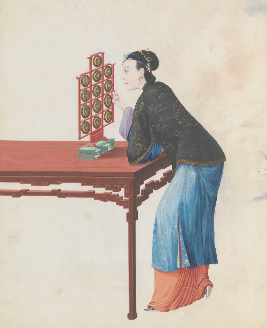 乐师演奏云锣的水彩画，18世纪末。 作者 不明