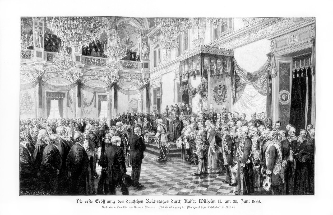 威廉二世和大臣们于1888年6月25日在德国国会大厦开幕，1900年6月25日 作者 不明