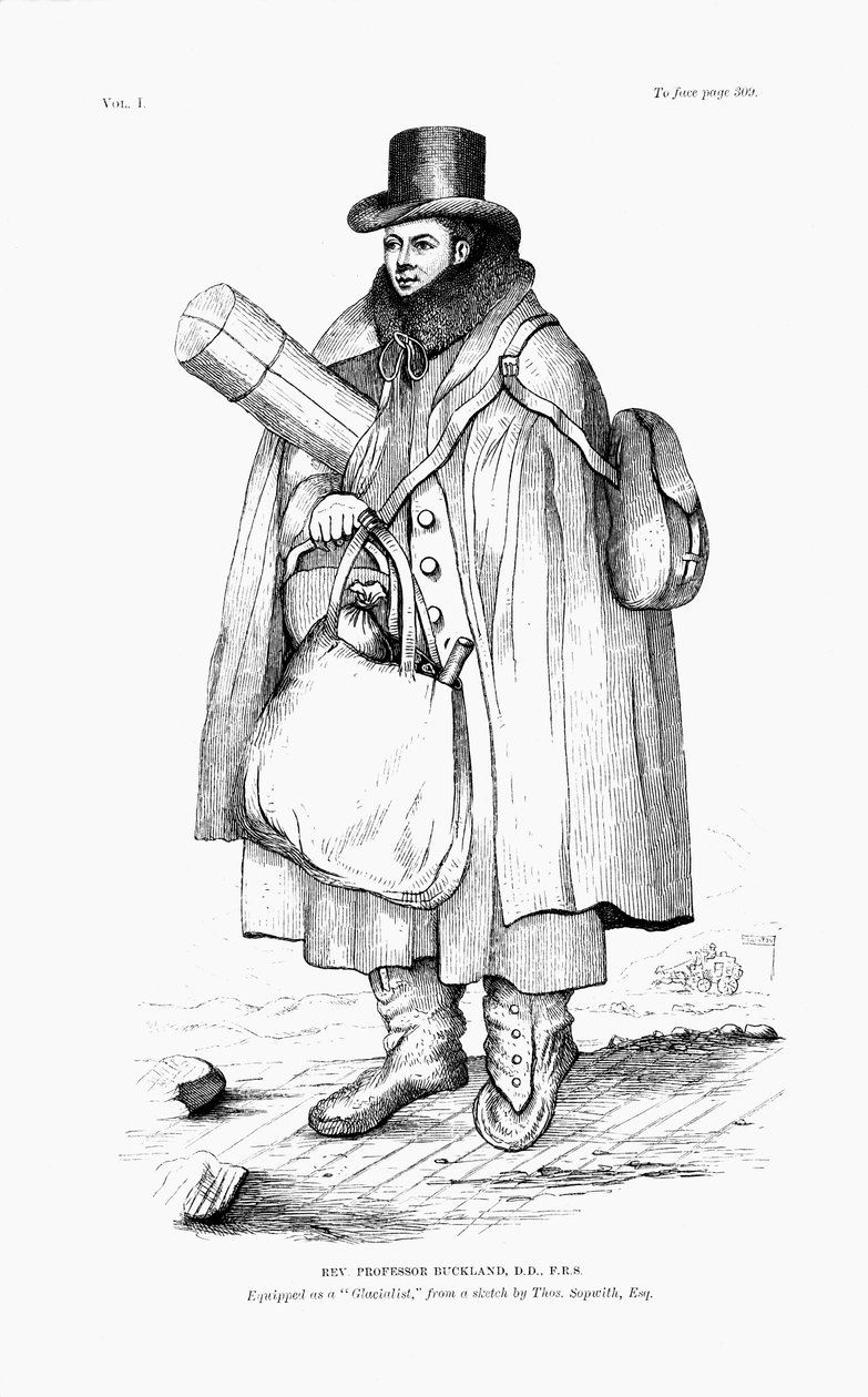 威廉·巴克兰（William Buckland），地质学家，古生物学家和神职人员，装备了探索冰川的装备，1875年 作者 不明