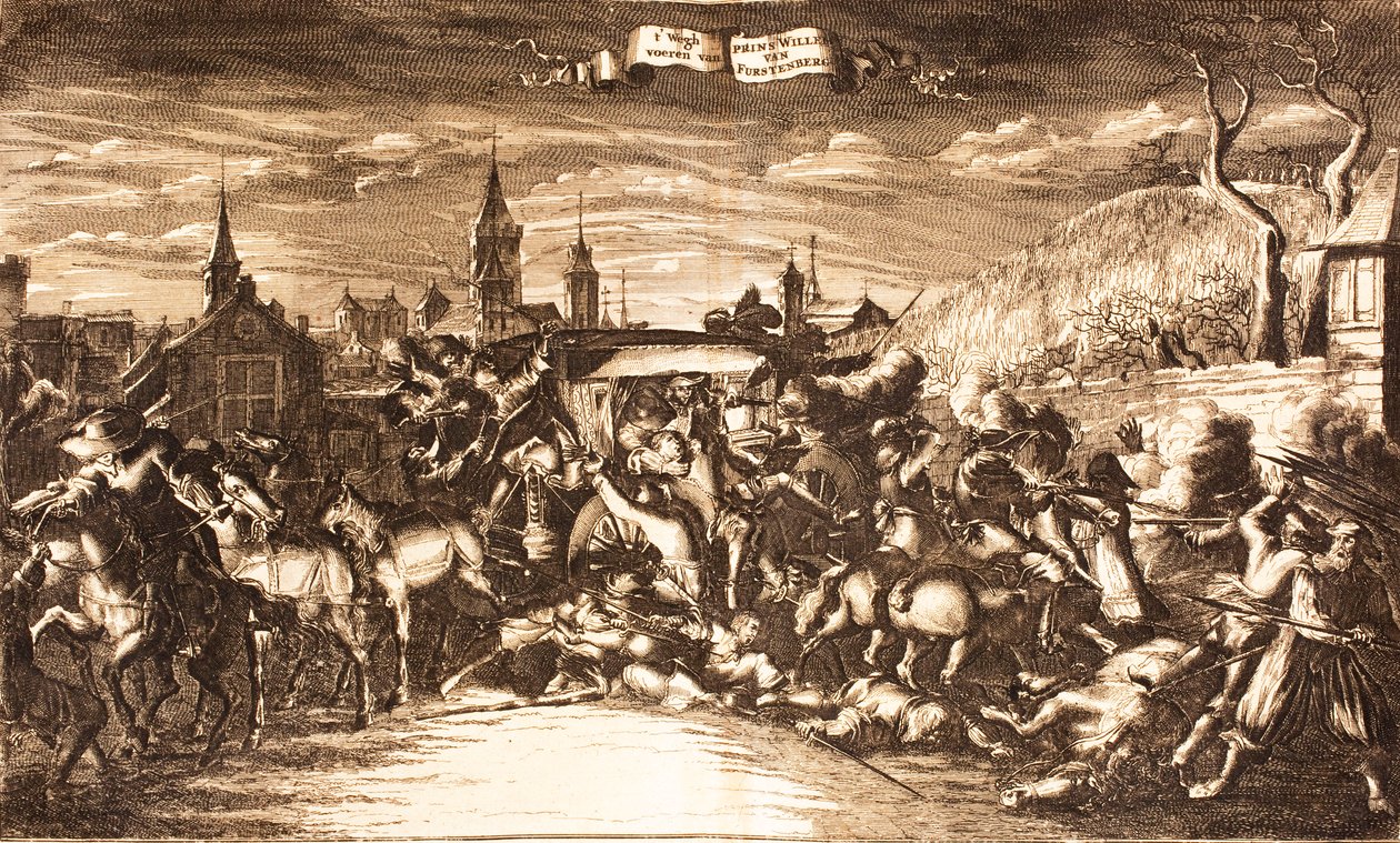 1674年，菲尔斯滕贝格的威廉·埃贡（William Egon）在他的教练中发动进攻，1675年。 作者 不明