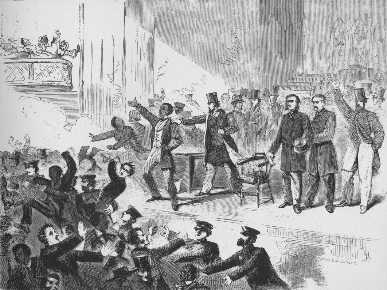 威廉·劳埃德·加里森（William Lloyd Garrison）试图在波士顿Tremont Temple举行约翰·布朗周年纪念活动， 作者 不明