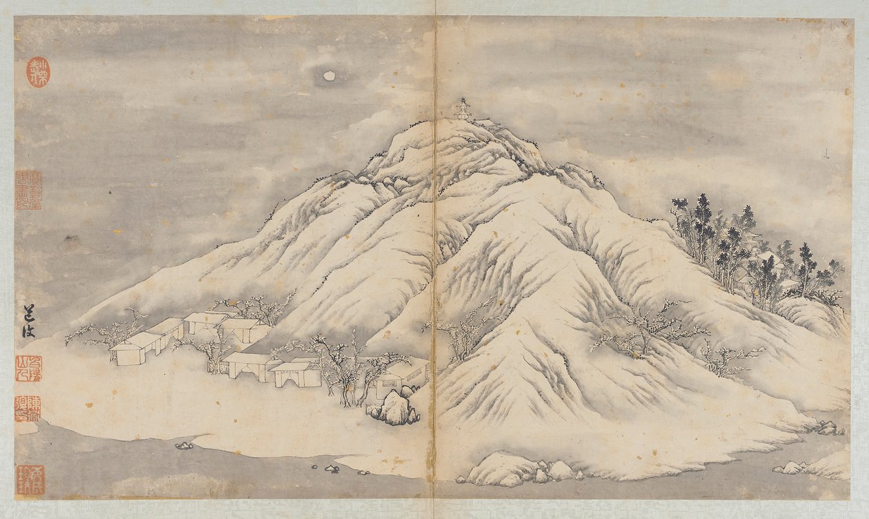 冬季景观：月光下的山丘和建筑，清朝，18世纪。 作者 不明