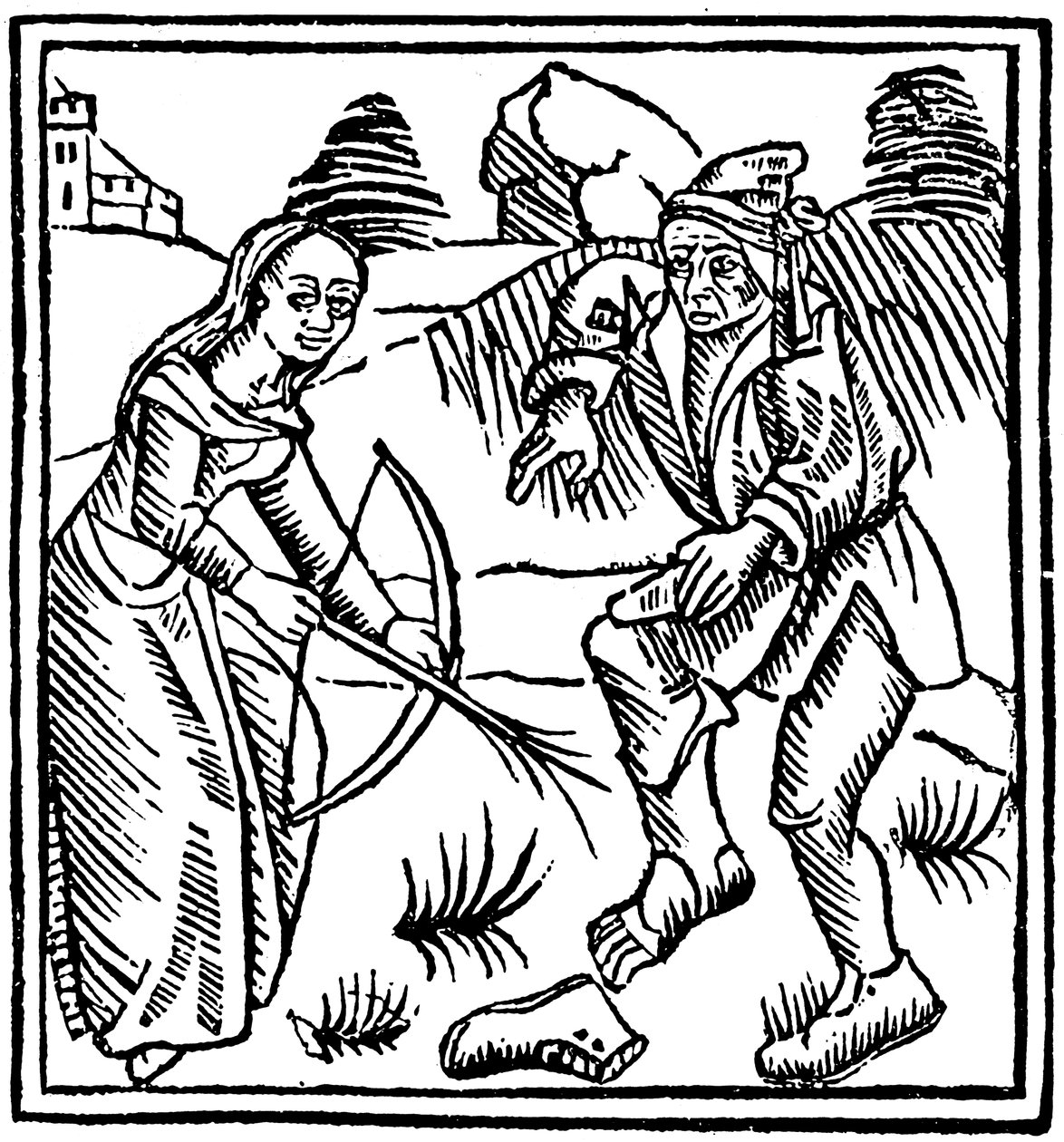 女巫用榛子棒制成的附魔箭射击脚下的男人，1489年 作者 不明