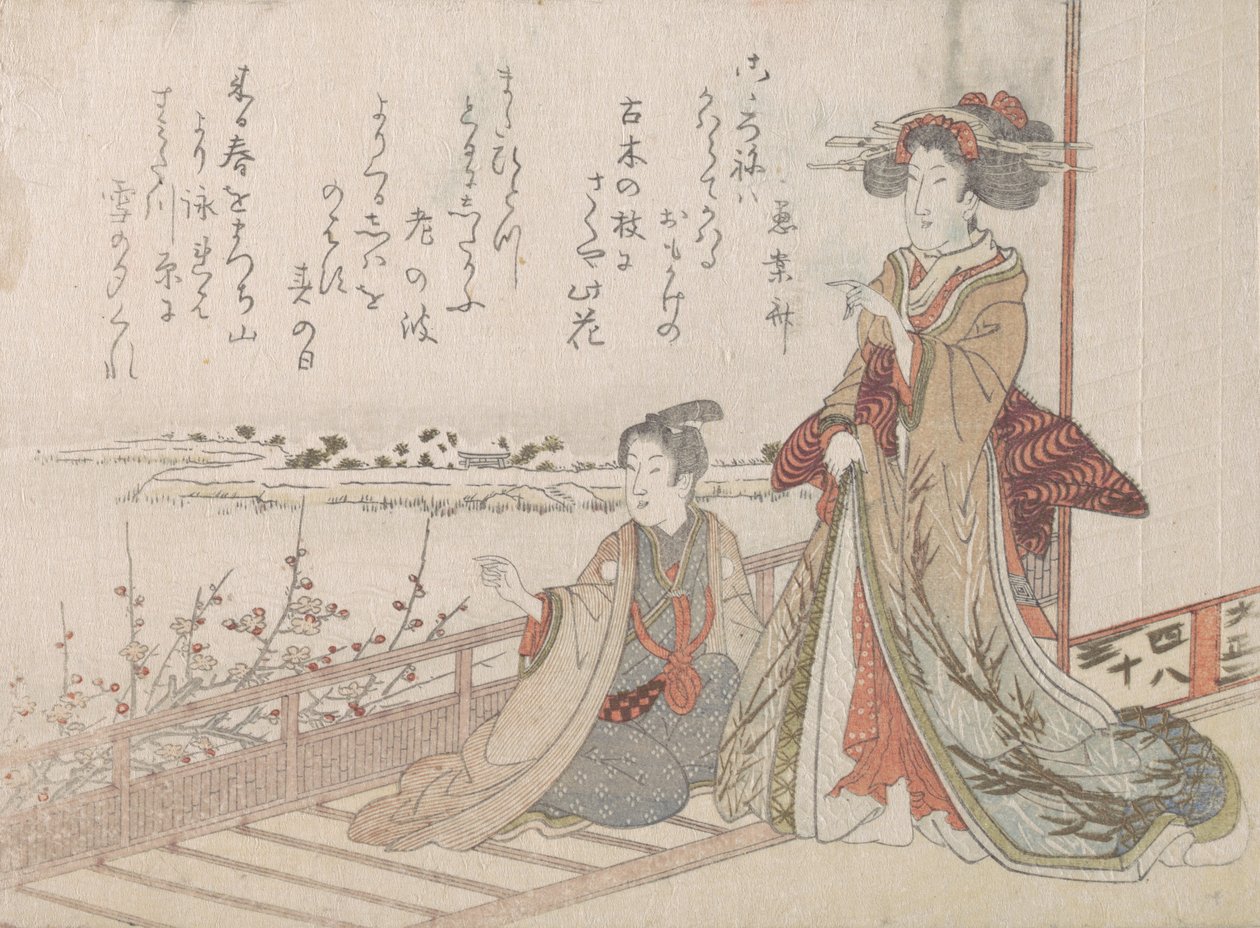 阳台上的女人和青年，1806年。 作者 不明