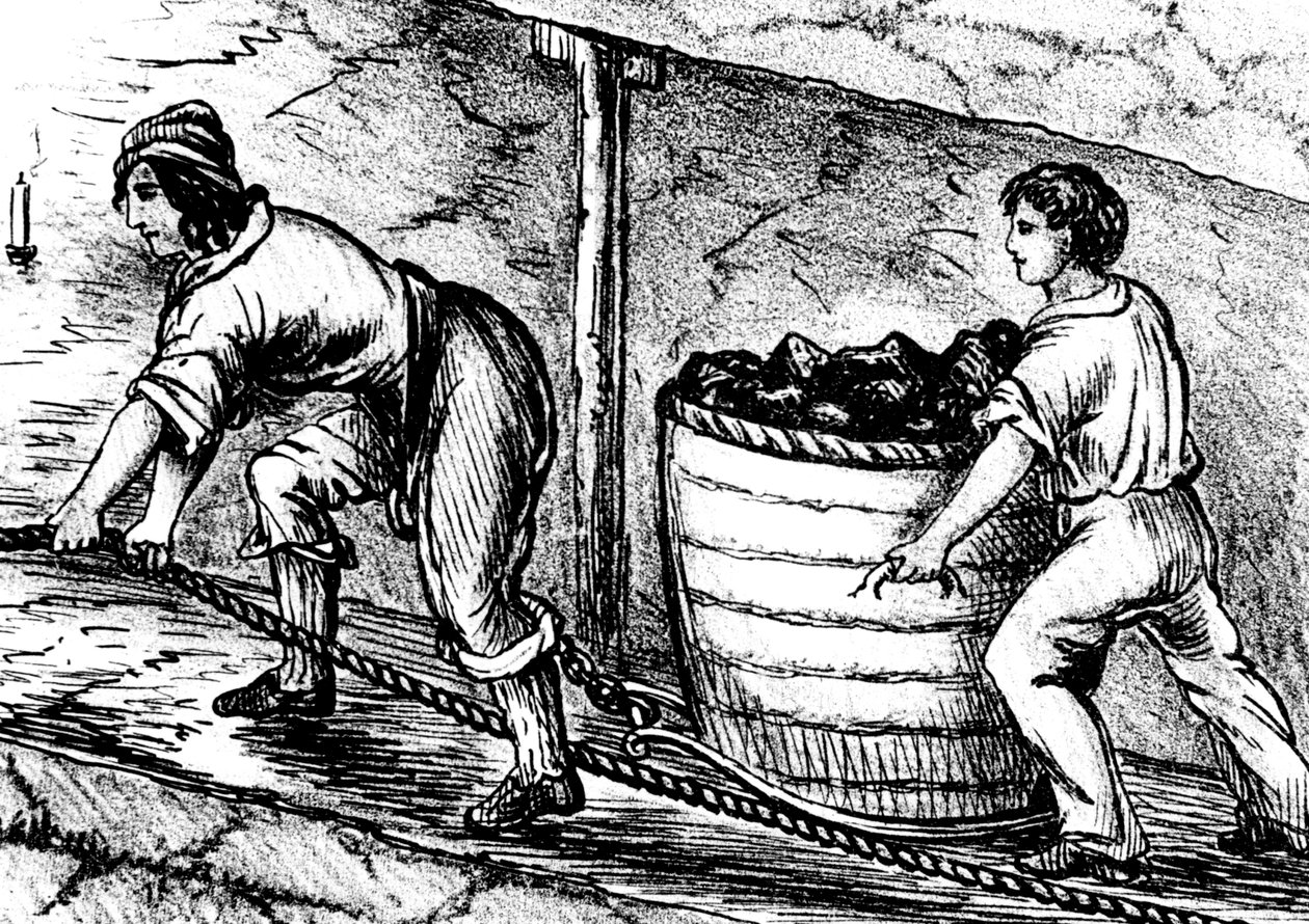 妇女和一个男孩在煤矿工作，兰开夏郡博尔顿，1848年 作者 不明