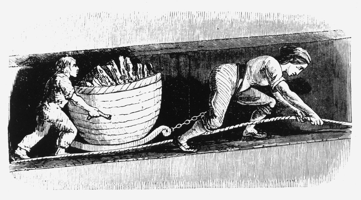兰开夏郡，博尔顿，女人和男孩正在画一个装有3-4英担煤炭的洞穴，1848年 作者 不明